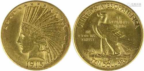 Goldmünze zu 10 Dollar, USA 1915, 900er Gold, Gewicht: 16,7 g., eine halbe Unze Feingold, VS.