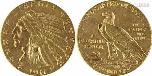 Goldmünze zu 5 Dollar, USA 1911, viertel Unze Feingold, Gewicht: 8,3g., VS. Indianerkopf u.