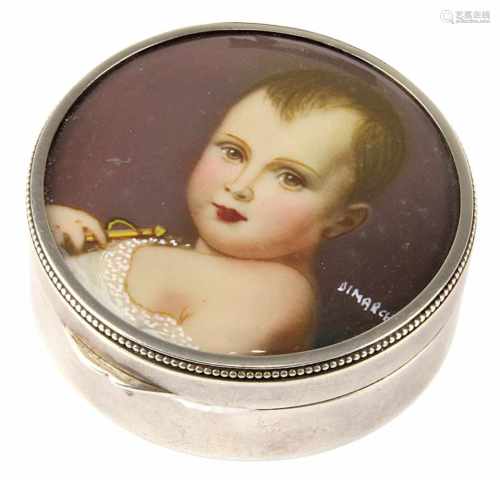 Silberdose mit Miniatur-Kinderporträt, Deutschland um 1910, 830er runder Silberkorpus, im Deckel
