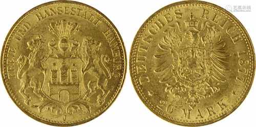 20 Mark Goldmünze, Deutsches Reich, Hansestadt Hamburg 1877, 900er Gold, VS. Wappen der