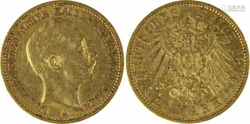 20 Mark Goldmünze, Deutsches Reich, Preußen 1894, 900er Gold, VS: Kopf Wilhelm II nach rechts, RS.