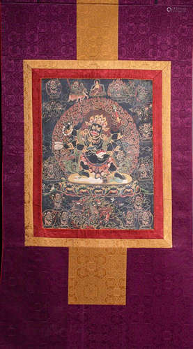 A MINERAL COLOR THANGKA WITH MAHAKALA BUDDHA