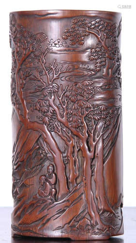 A BAMBOO ROOT CARVED BRUSH POT