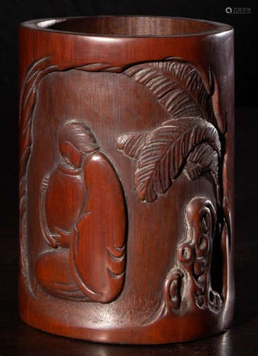 A BAMBOO CARVED BRUSH POT WITH FIGURE PATTERN