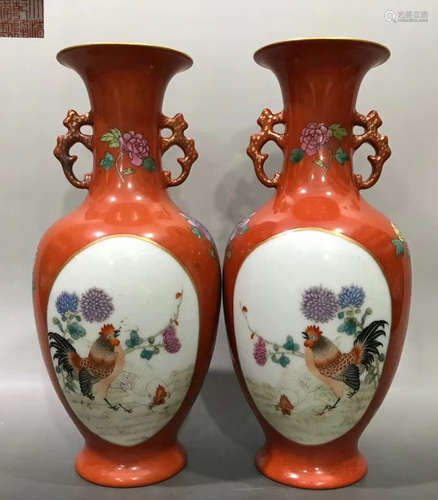 PAIR OF CORAL RED GLAZE DOUBLE EAR VASE