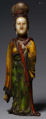 A SOAPSTONE WITH COLOR PAINTED FIGURE STATUE