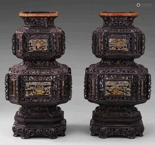 PAIR OF ZITAN WOOD HOLLOWED PALACE LANTERNS