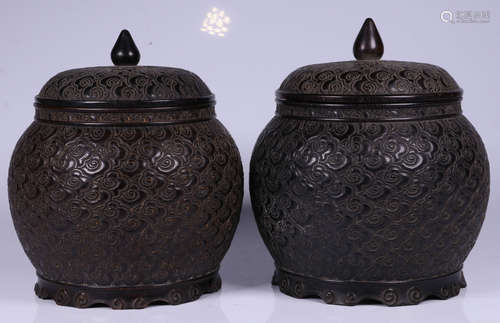 PAIR OF ZITAN WOOD CARVED TEA CADDY