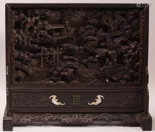 A ZITAN WOOD CARVED LANDSCAPED PATTERN SCREEN