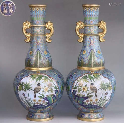 PAIR OF CLOISONNE CASTED DOUBLE EAR VASE