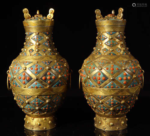 PAIR OF GILT SILVER&TURQUOISE&AGATE VASE