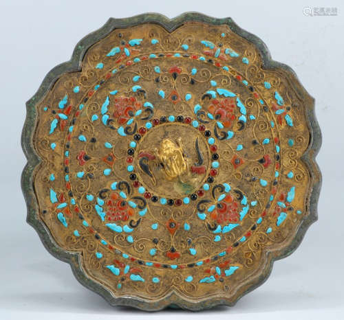 A BRONZE EMBEDED AGATE&TURQUOISE MIRROR