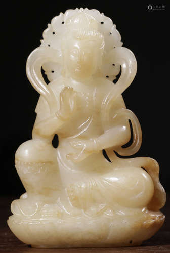 A HETIAN JADE CARVED GUANYIN BUDDHA STATUE