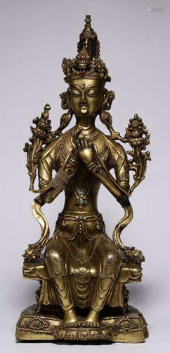 A GILT BRONZE&AGATE&TURQUOISE BUDDHA STATUE