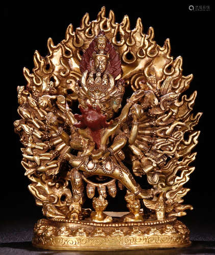 A GILT BRONZE CASTED YAMANTAKA STATUE