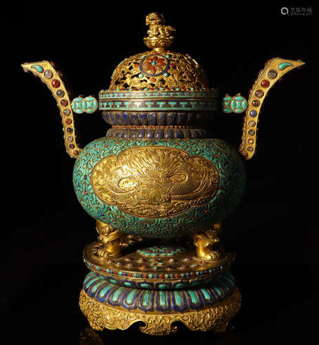 A GILT BRONZE WITH GEM STONE CENSER