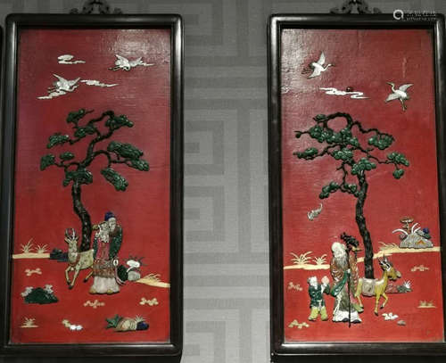 PAIR OF LACQUER WITH GEM DECORATED SCREEN