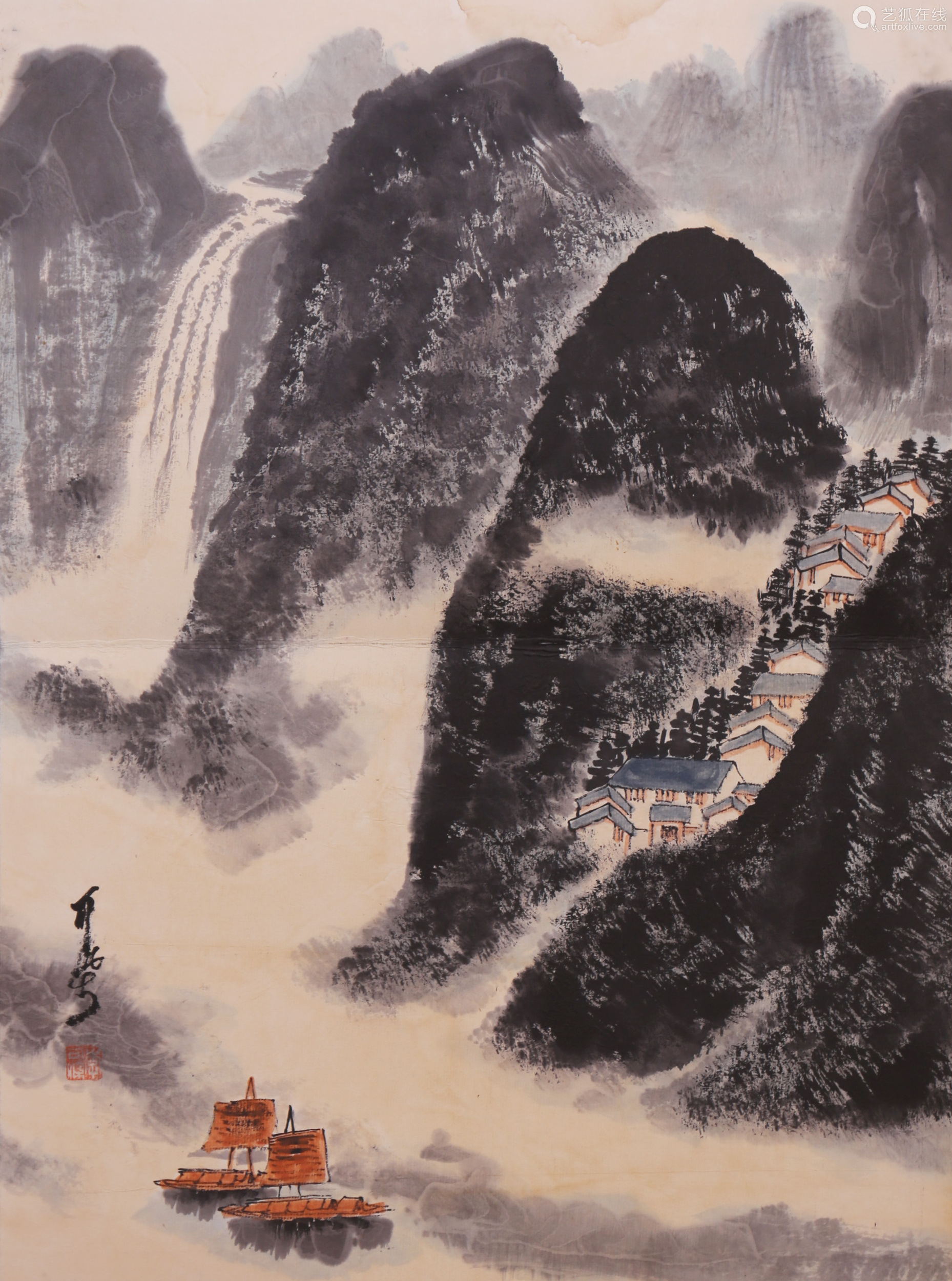 李可染山水纸本设色镜心