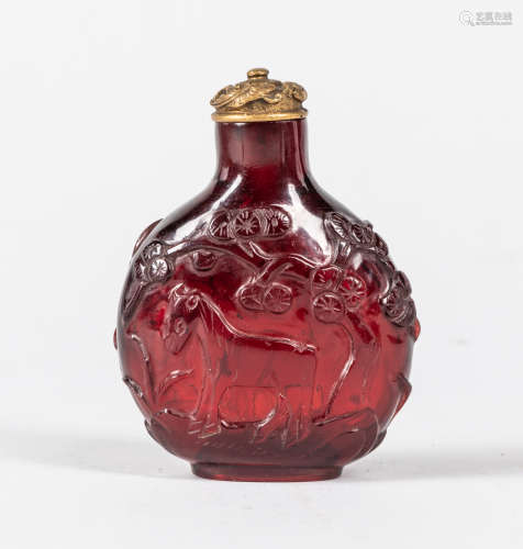 Chinese Carved Transparent Ruby Red Snuff Bottle