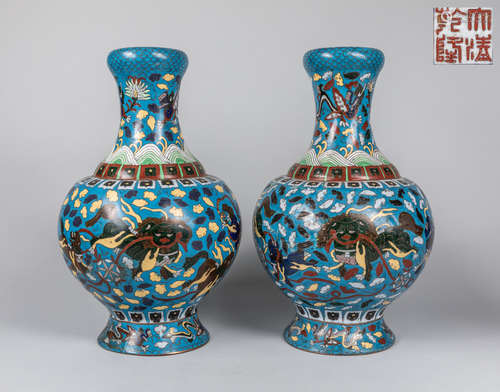 Pair Of Tall Chinese Old Cloisonné Vase