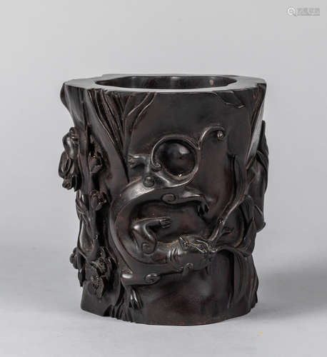 Large Chinese Carved Wood Brush Pot