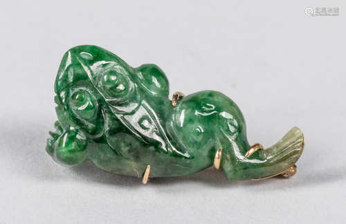 Chinese Antique Jadeite Toad Pin,14k