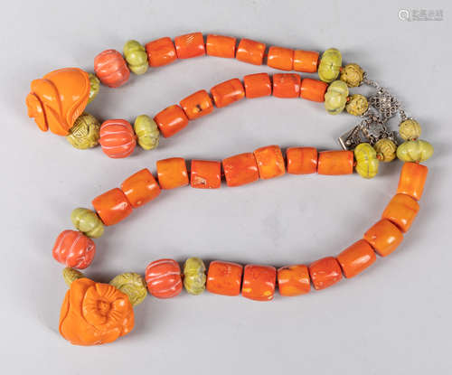 Chinese Export Coral Like & Silver Necklace