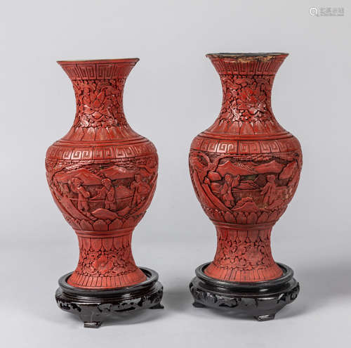 Pair of Chinese Antique Cinnabar Vases