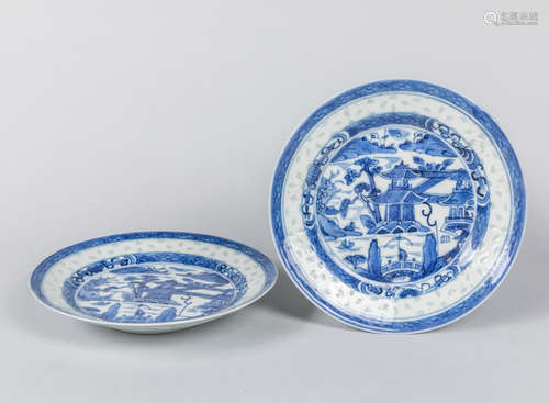 Pair of 18th Chinese Antique Blue White Porcelain Plates