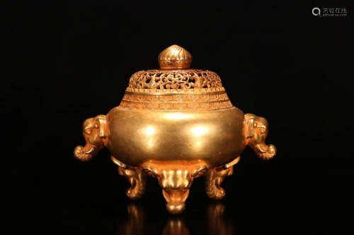 ?A Chinese Gild Copper Trunk Shaped Ears Incense Burner