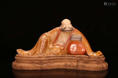 A Chinese Shoushan Ross Quartz Carved Rohan statue,Wei Kaitong Mark.