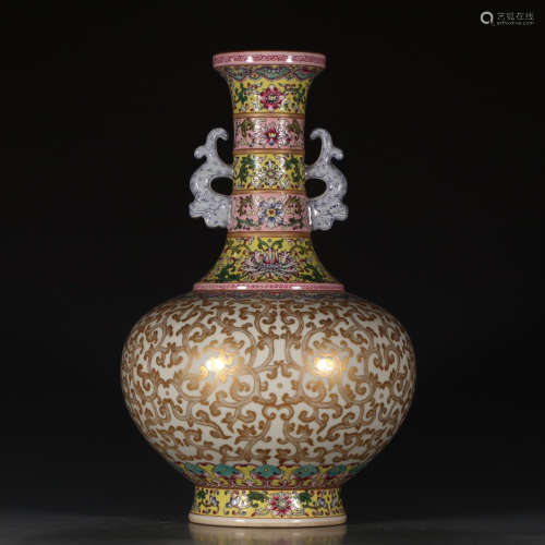 A Chinese Famille Rose Gilt Porcelain Double Ears Bottle