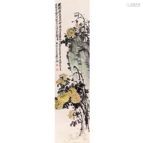 A Chinese Chrysanthemum and Stone Painting Scroll, Wu Changshuo Mark