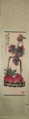 A Chinese litchi and Peach Painting, Qi Baishi Mark
