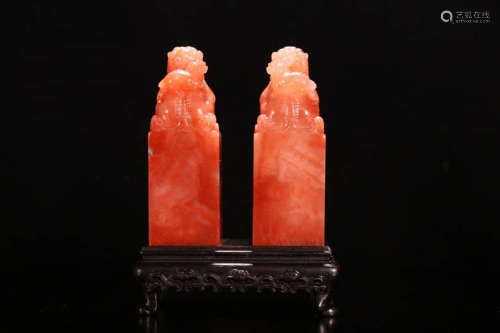 A Pair of Chinese Furong Stone Carving Beast Handle Seals