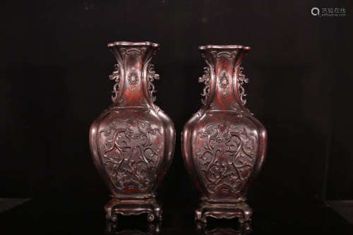 A Pair of Chinese Red Sandalwood Double Dragon Ears Bottle
