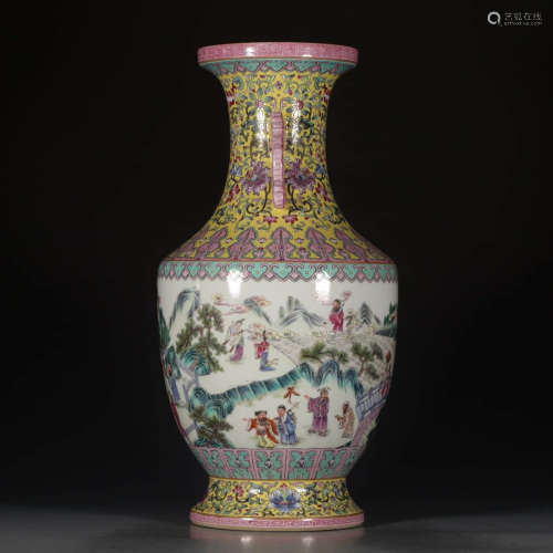 A Chinese Famile Rose Double Ears Porcelain Bottle