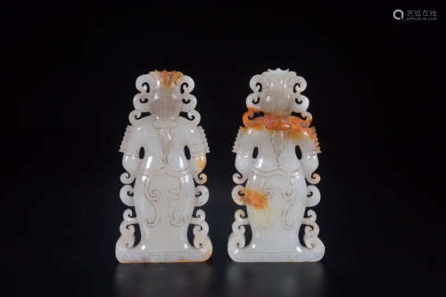 A Pair Chinese  Gaogu Jade Figure Ornaments