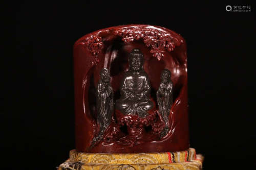 A Chinese Carved Shoushan Stone Buddha Niche Seal