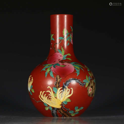 A Chinese Coral Fmaile Rose Porcelain Bottle