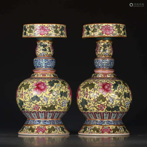 A Pair Of Chinese Famile Rose Porcelain Candlestick