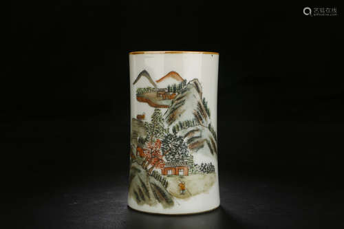 A CHINESE LIGHT COLORFUL PORCELAIN PAINTED BRUSH POT