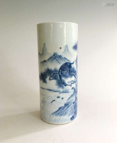 BLUE AND WHITE 'LANDSCAPE SCENERY' BRUSH POT