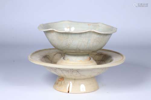 SET OF CELADON GLAZED AND IMPRESSED TEA CUP WITH SAUCER