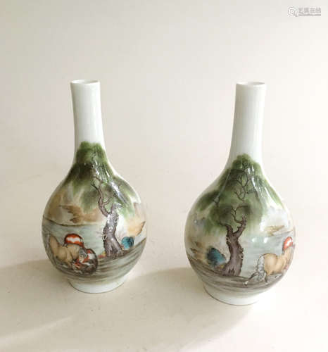 PAIR OF FAMILLE ROSE 'HORSES' VASES