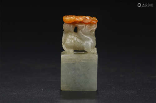 A CHINESE BEAST CARVED JADEITE SEAL