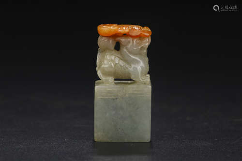 A CHINESE BEAST CARVED JADEITE SEAL