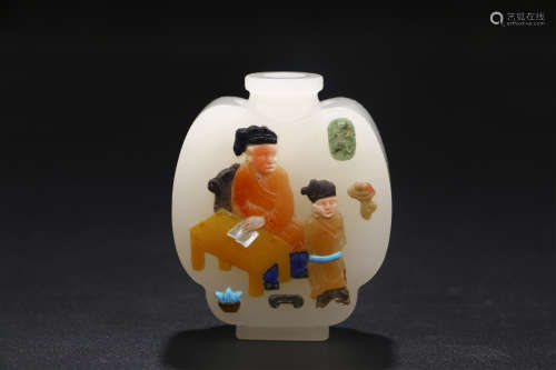 A CHINESE JEWEL INLAID HETIAN JADE SNUFF BOTTLE