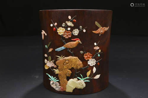 A CHINESE FLORAL ROSEWOOD BRUSH POT