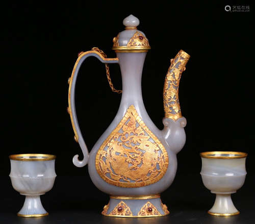 SET OF AGATE CARVED WITH GILT SILVER POT&CUPS